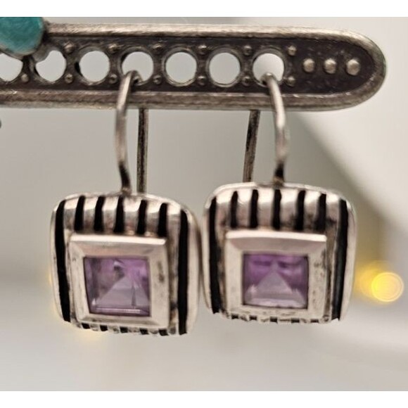 VTG Amethyst Square Stone 925 Sterling Silver Drop Dangle Earrings 1"L x 5/8"W - Picture 1 of 7